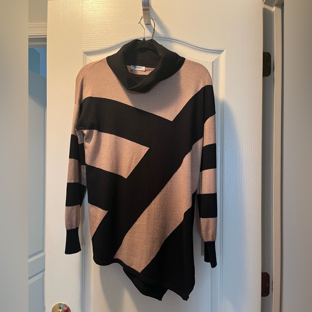 Women's Black and Blush Asymmetrical Stripe Sweater